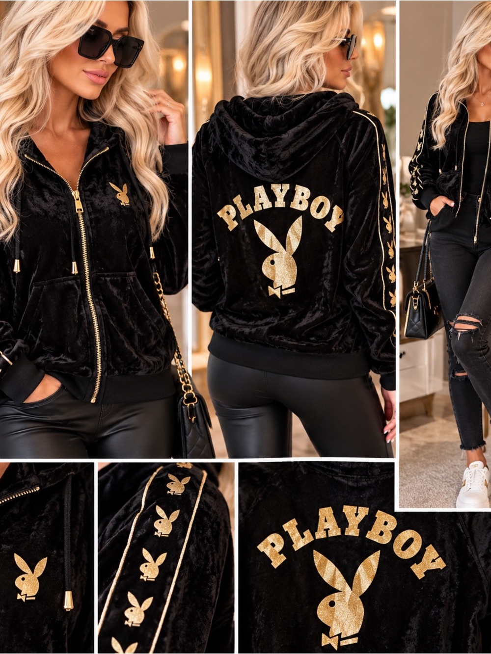 Y2K PLAYBOY Black and Metallic Gold Hoodie “M”